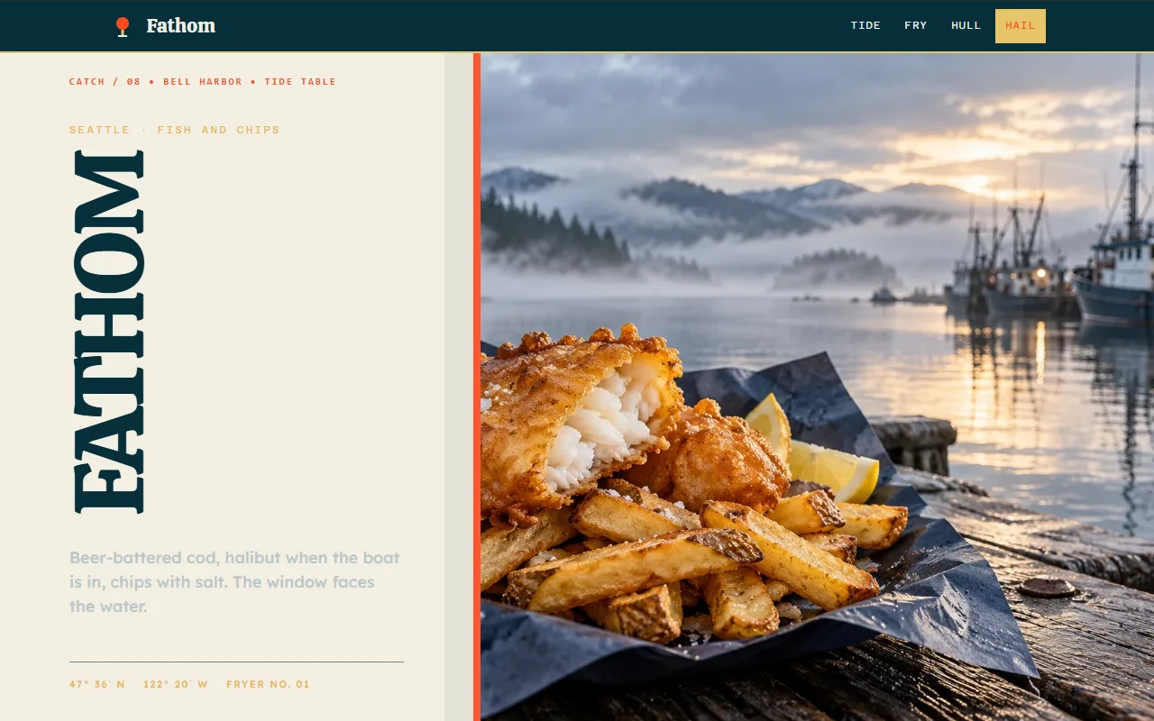 Fathom website, split hero and tide-colored stop row