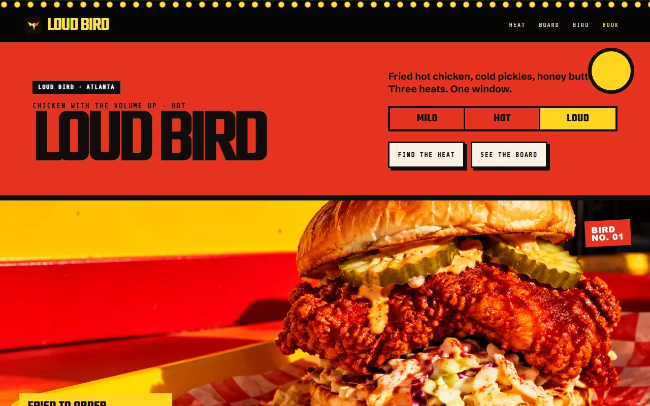 Loud Bird website, yellow HOT word and a circular sandwich