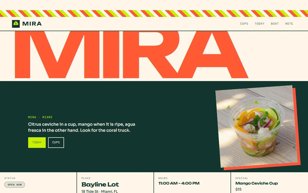 Mira website, striped awning and a cropped MIRA word