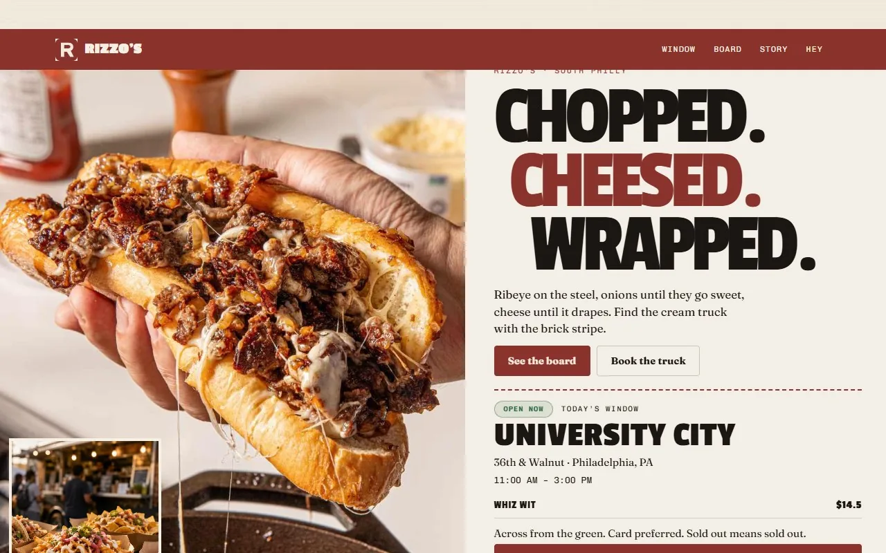 Rizzo’s website, steak photo beside the chopped headline