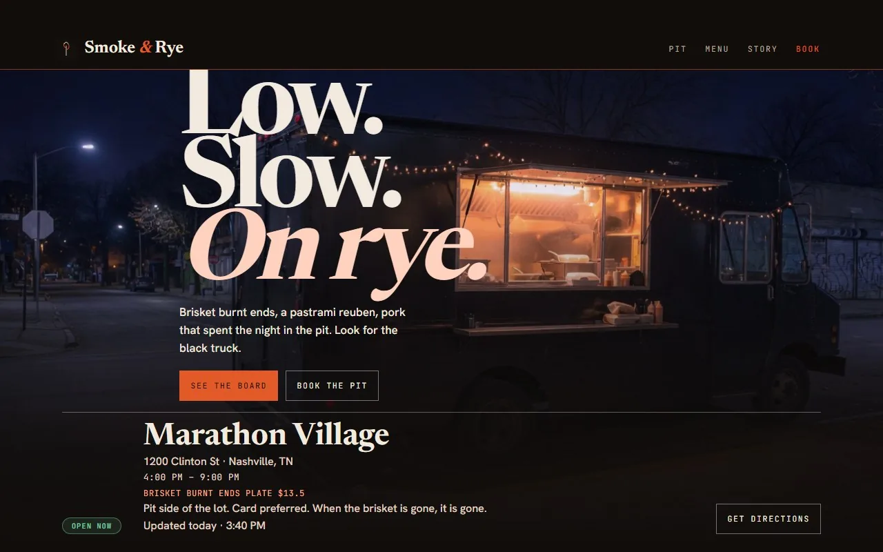 Smoke and Rye website, type over a full-bleed pit photo