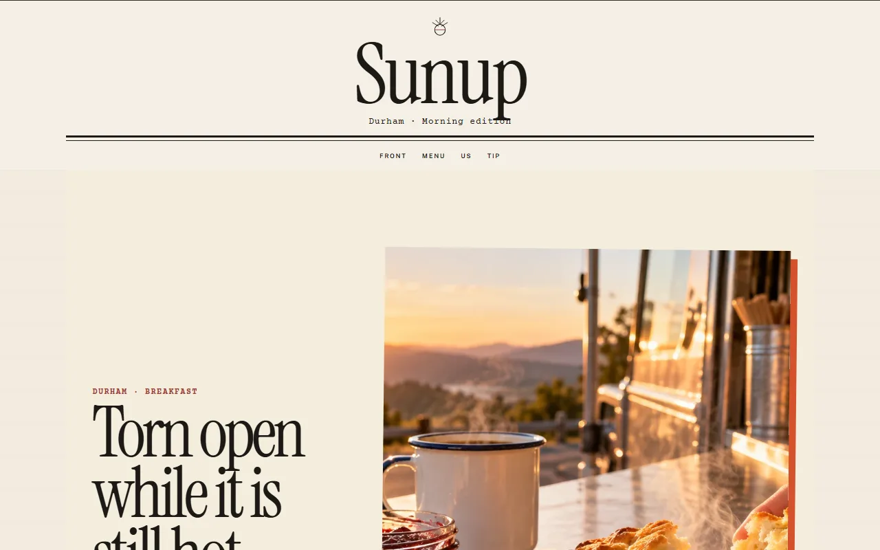 Sunup website, newspaper masthead and a biscuit photo